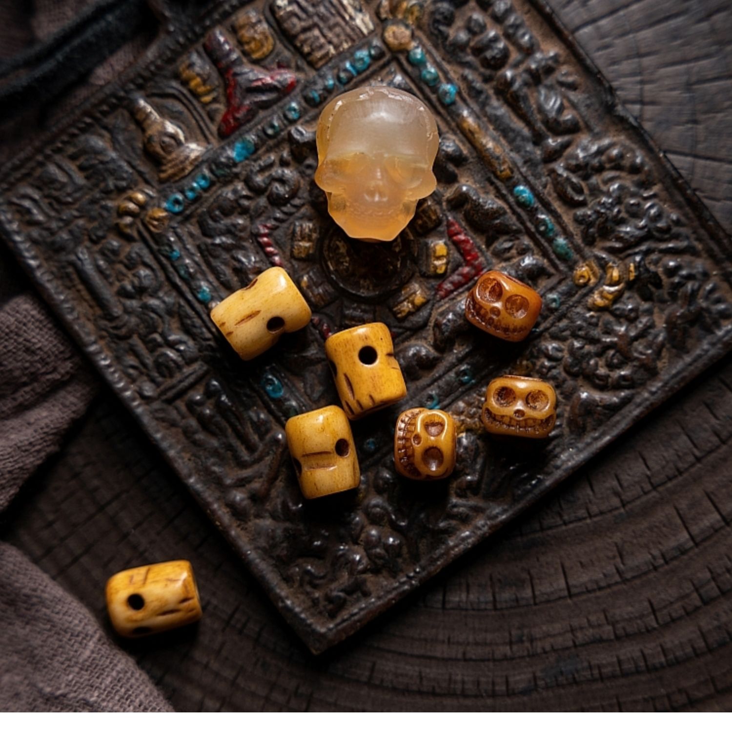 Shitro Lord Bone Bracelet: Tibetan Handcarved Goat Horn Mala with Yak Bone Skull Accents