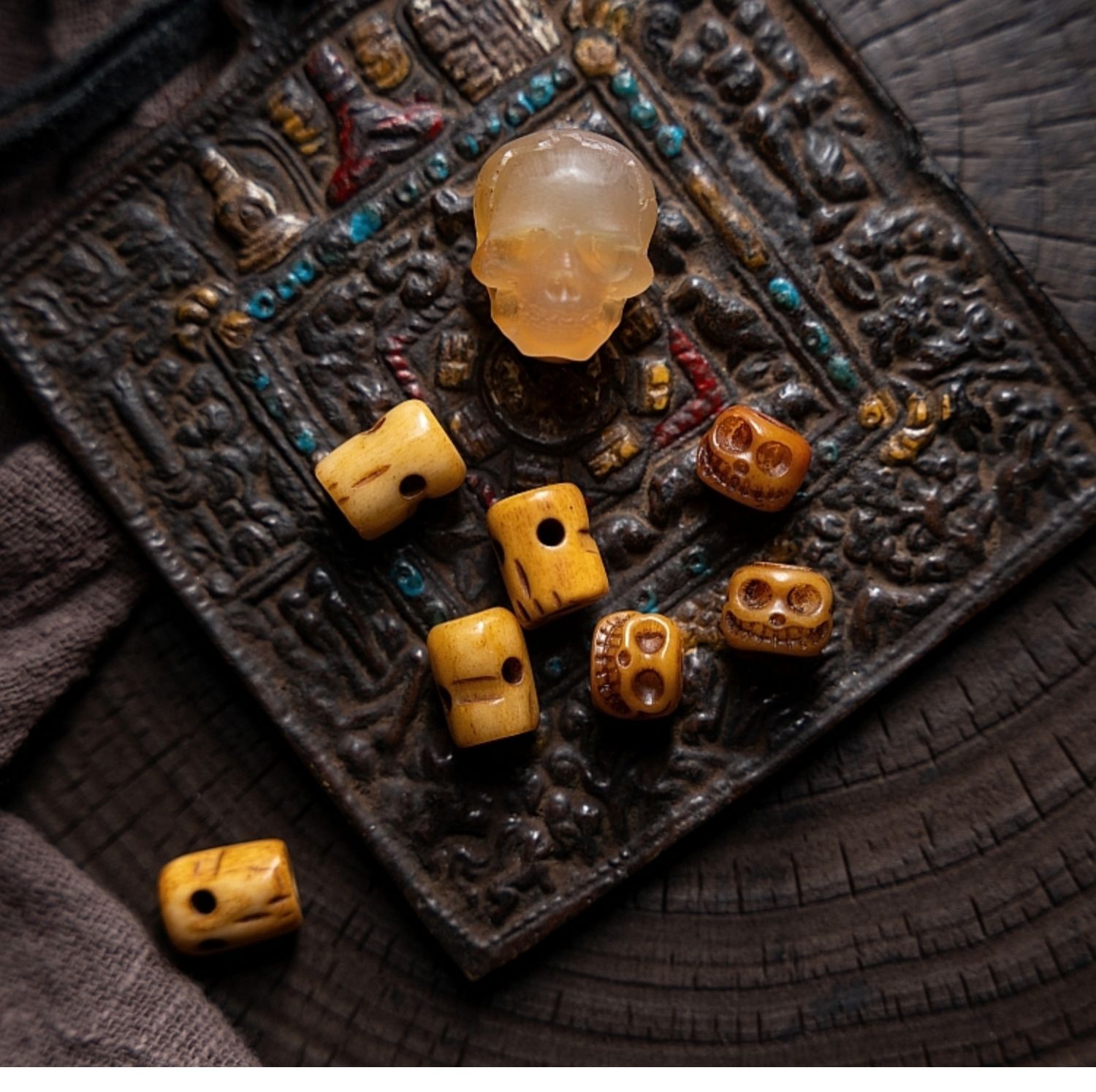 Shitro Lord Bone Bracelet: Tibetan Handcarved Goat Horn Mala with Yak Bone Skull Accents