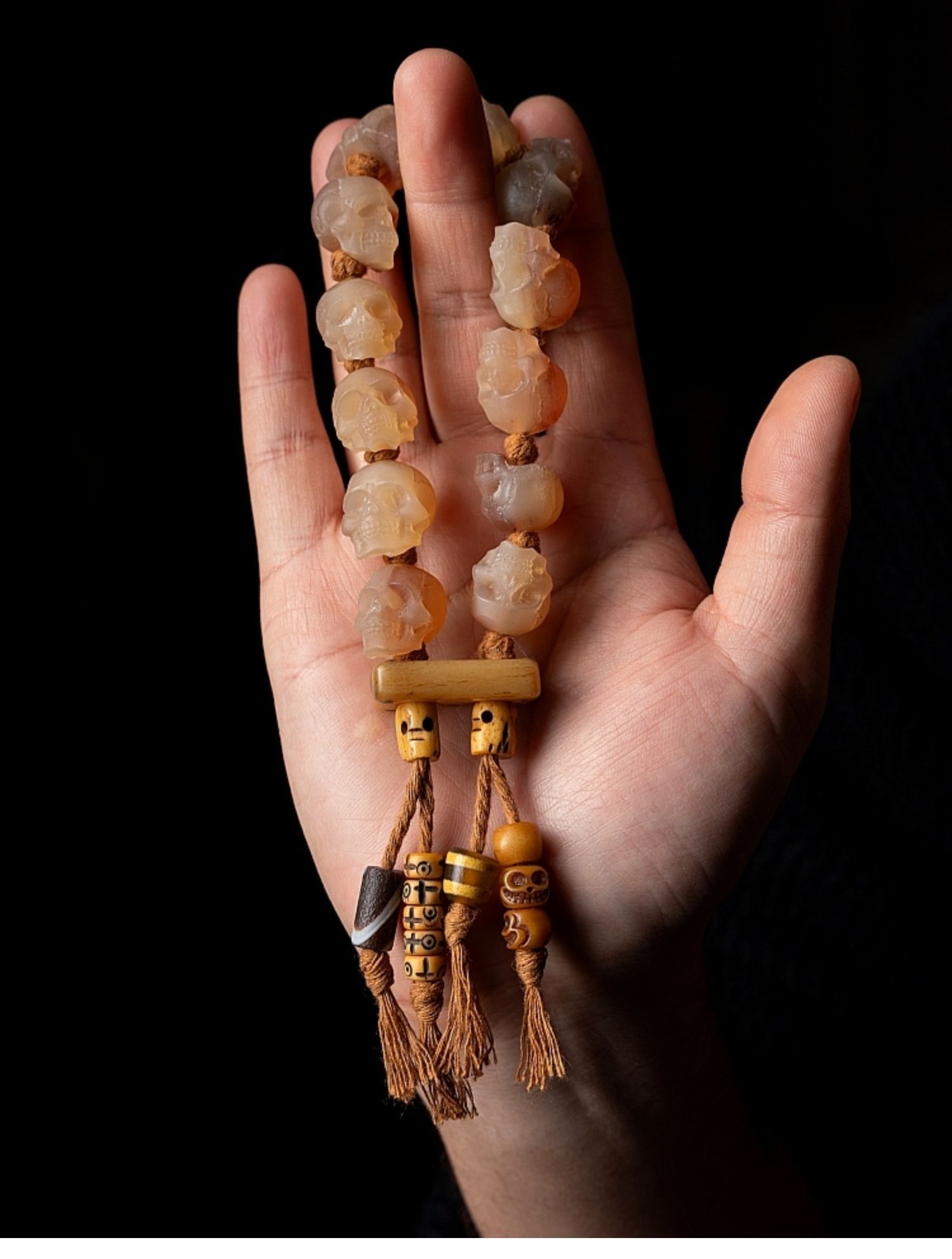 Shitro Lord Bone Bracelet: Tibetan Handcarved Goat Horn Mala with Yak Bone Skull Accents