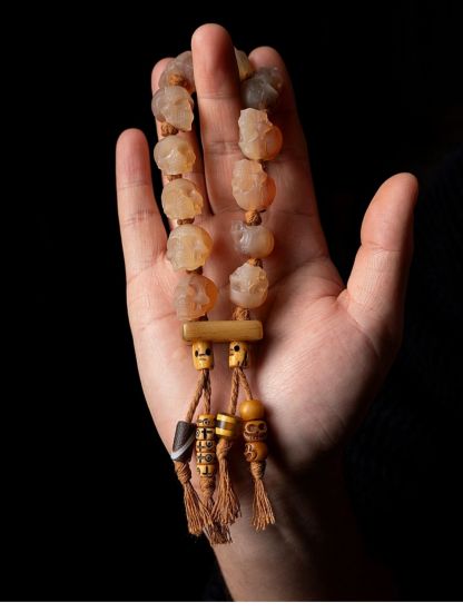 Shitro Lord Bone Bracelet: Tibetan Handcarved Goat Horn Mala with Yak Bone Skull Accents