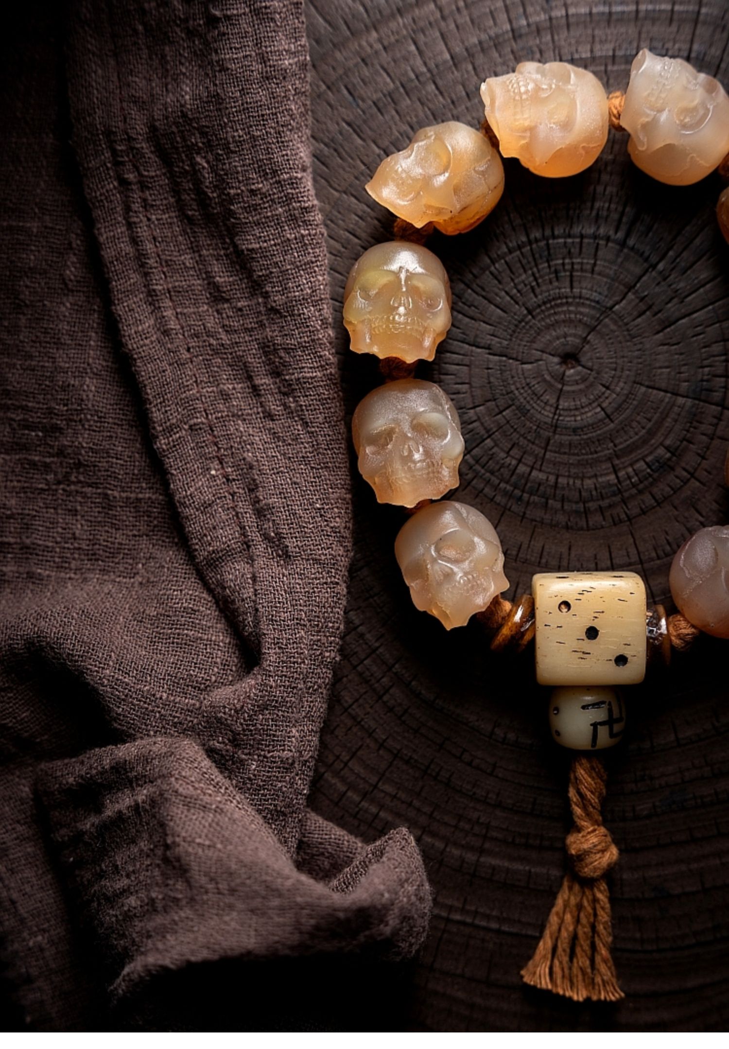 Shitro Lord Bone Bracelet: Tibetan Handcarved Goat Horn Mala with Yak Bone Skull Accents