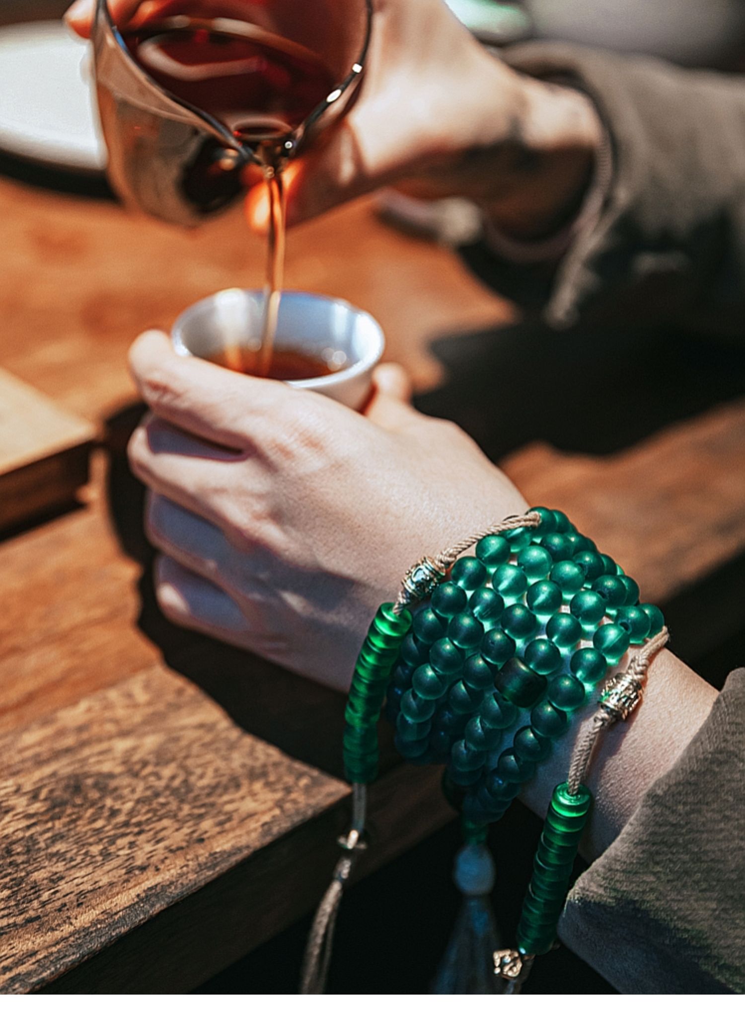 Handcrafted Green Tara Glass Bead Mala – 108 Beads with Hetian Jade