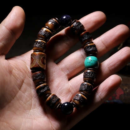 Gakala Skull Guardian Bracelet with Horn, Turquoise & Vajrayana Symbolism