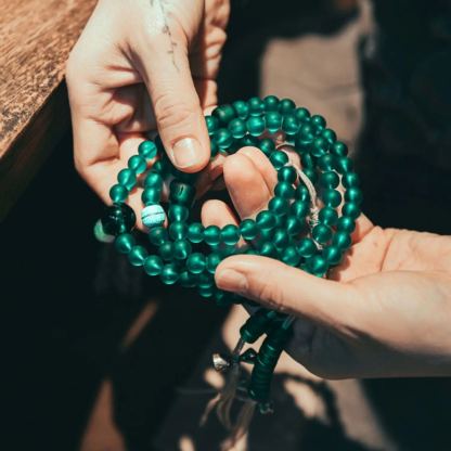 Handcrafted Green Tara Glass Bead Mala – 108 Beads with Hetian Jade