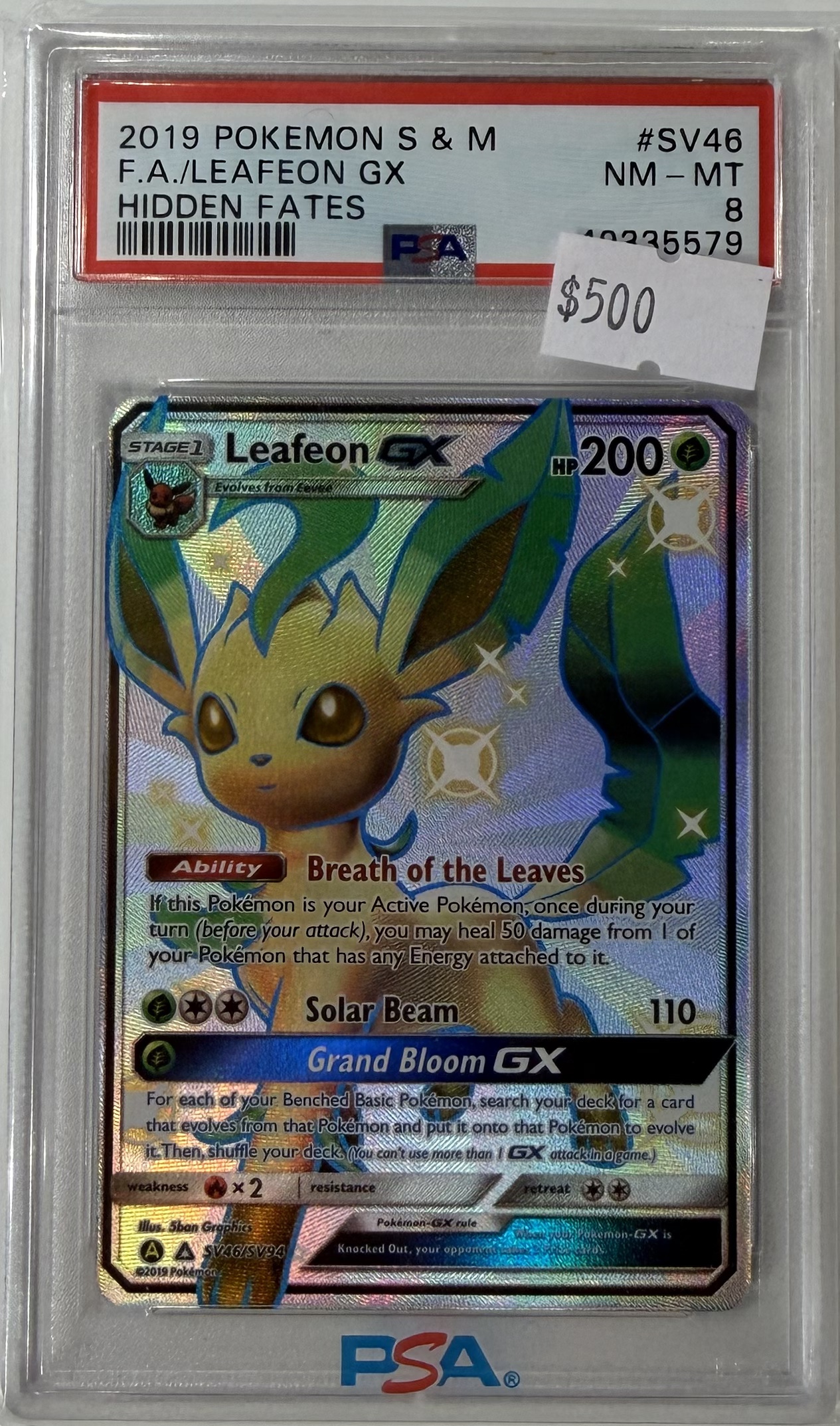 [PSA 8]2019 POKEMON SUN & MOON HIDDEN FATES #SV46 FA/LEAFEON GX HIDDEN FATES