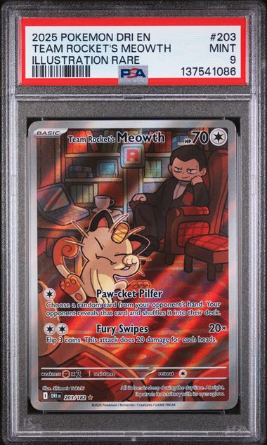[PSA 9] 2025 POKEMON DRI EN-DESTINED RIVALS #203 TEAM ROCKET'S MEOWTH ILLUSTRATION RARE