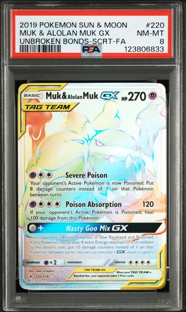 [PSA 8]2019 POKEMON SUN & MOON UNBROKEN BONDS #220 MUK & ALOLAN MUK GX UNBROKEN BONDS-SCRT-FA