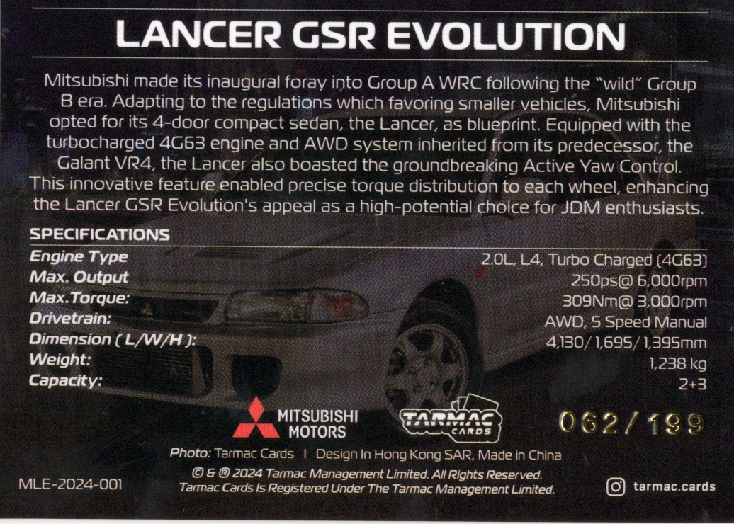 Tarmac Cards - Mitsubishi - Lancer GSR Evolution I - Silver Evolution - Serialzed /199