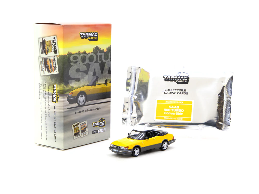 Tarmac Works 1/64 Saab 900 Turbo Convertible Yellow with Tarmac Cards Combo set - GLOBAL64