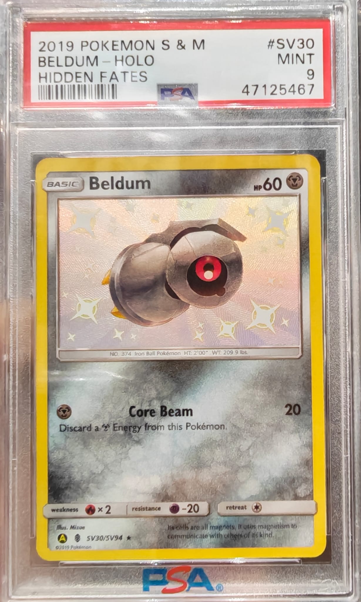 [PSA 9] 2019 POKEMON SUN & MOON HIDDEN FATES #SV30 BELDUM-HOLO HIDDEN FATES