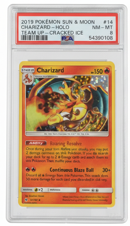 [PSA 8]2019 POKEMON SUN & MOON TEAM UP #14 CHARIZARD-HOLO TEAM UP-CRACKED ICE