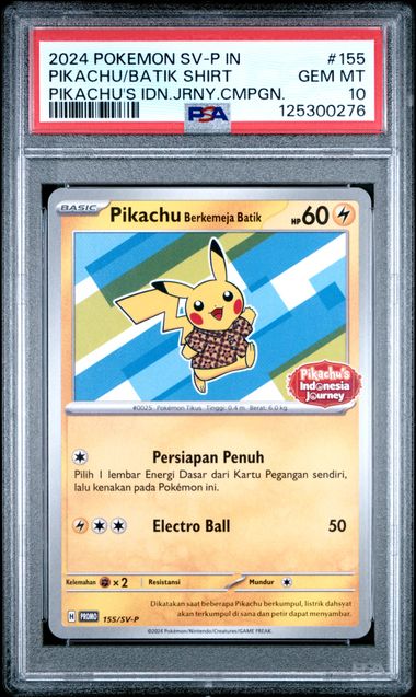 [PSA 10] 2024 POKEMON INDONESIAN SV-P PROMO #155 PIKACHU/BATIK SHIRT PIKACHU'S IDN.JRNY.CMPGN. SET IN 4