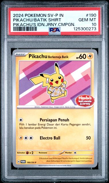 [PSA 10] 2024 POKEMON INDONESIAN SV-P PROMO #155 PIKACHU/BATIK SHIRT PIKACHU'S IDN.JRNY.CMPGN. SET IN 4