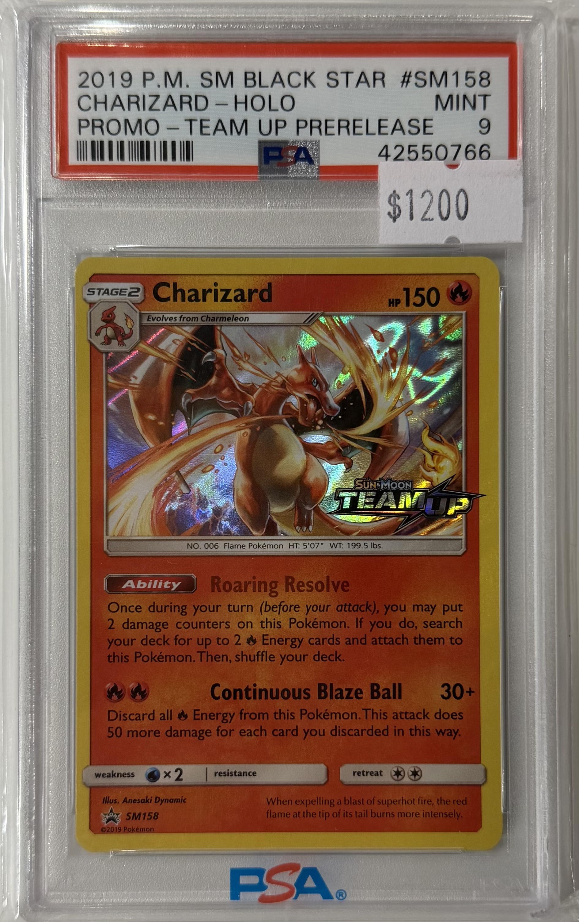 [PSA 9]2019 POKEMON SM BLACK STAR PROMO #SM158 CHARIZARD-HOLO PROMO-TEAM UP PRERELEASE