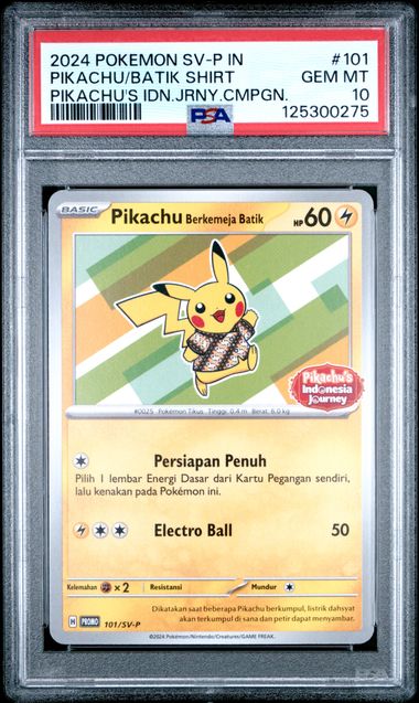[PSA 10] 2024 POKEMON INDONESIAN SV-P PROMO #155 PIKACHU/BATIK SHIRT PIKACHU'S IDN.JRNY.CMPGN. SET IN 4