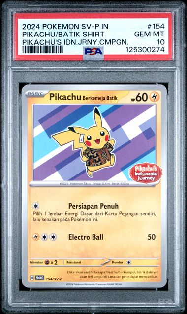 [PSA 10] 2024 POKEMON INDONESIAN SV-P PROMO #155 PIKACHU/BATIK SHIRT PIKACHU'S IDN.JRNY.CMPGN. SET IN 4