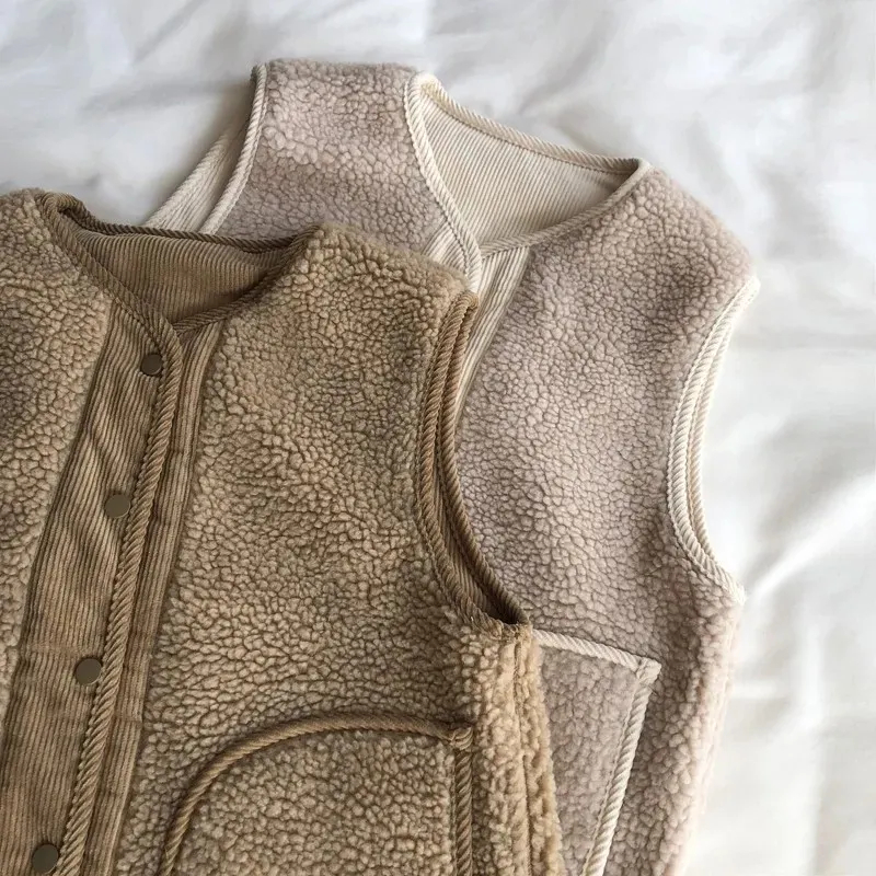 雙面羊羔毛休閒坎肩燈芯絨拼接學院風馬甲外套