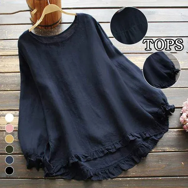 純色簡約寬鬆荷葉邊下脚袖口圓領長袖T恤