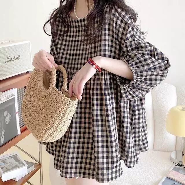 蓬蓬格子棉麻上衣