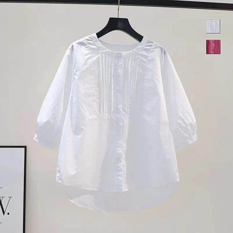 時尚設計感褶皺圓領七分袖休閒百搭襯衫