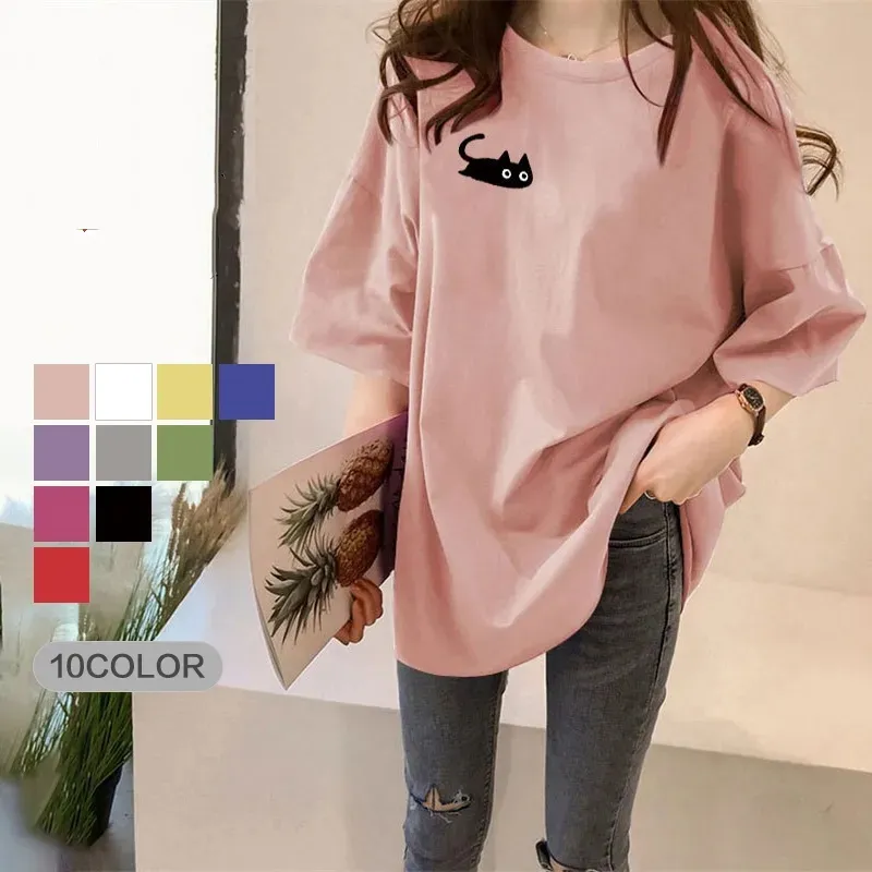 圓領寬鬆慵懶風印花休閒中長款短袖T恤