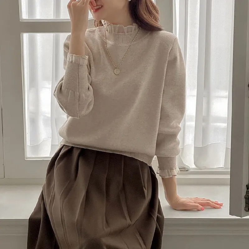 多色可選 設計感蕾絲半高領拼接木耳邊羊絨針織衫