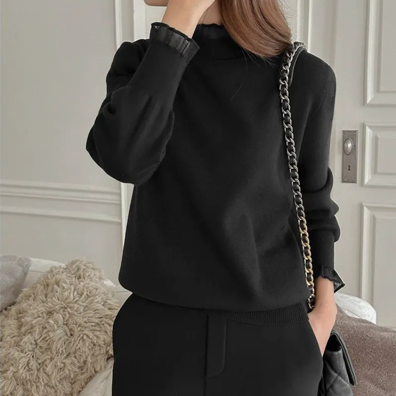 多色可選 設計感蕾絲半高領拼接木耳邊羊絨針織衫