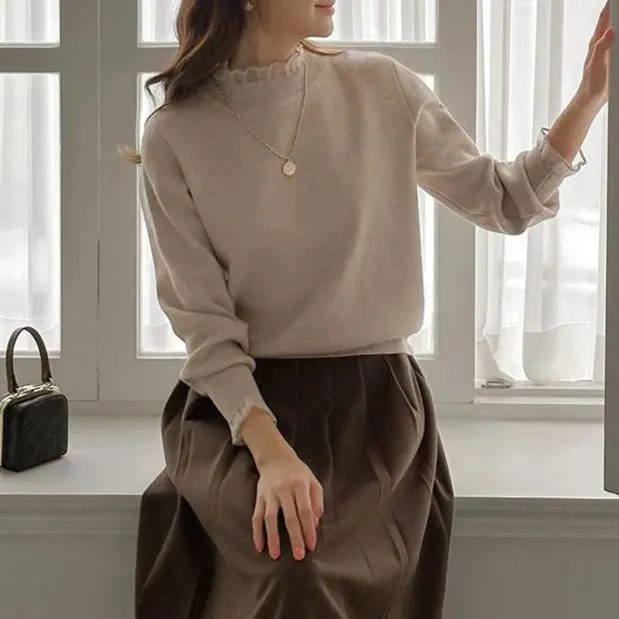 多色可選 設計感蕾絲半高領拼接木耳邊羊絨針織衫