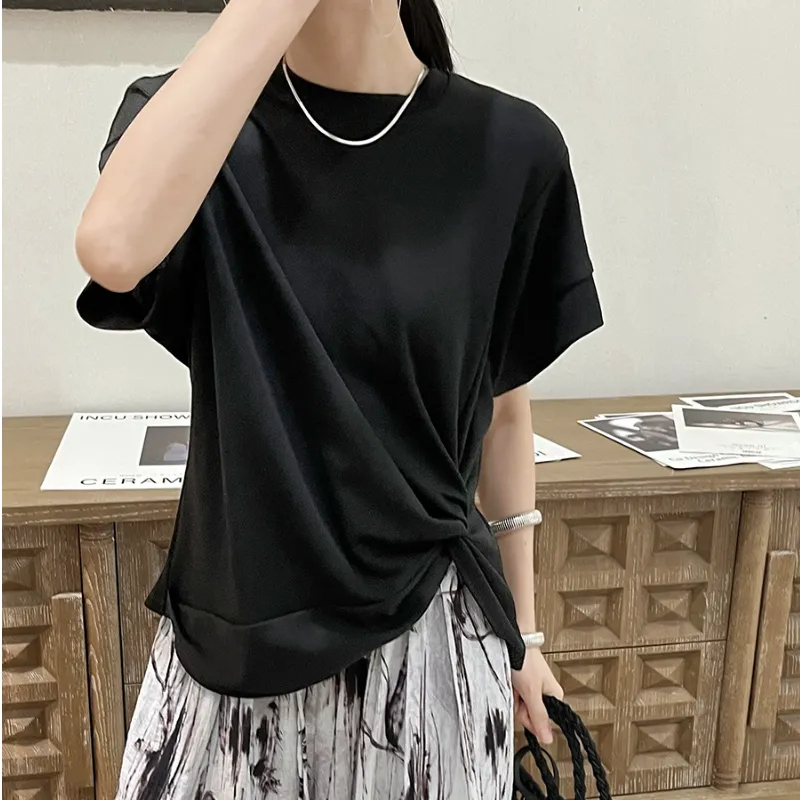 設計感不規則扭結寬鬆黑色小飛袖短袖T恤