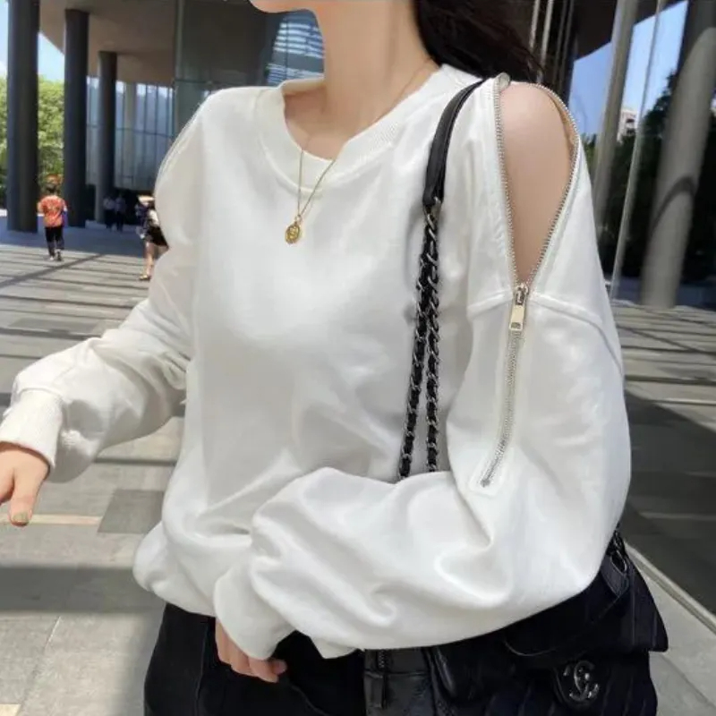 薄款寬鬆設計感拉鍊露肩長袖T恤