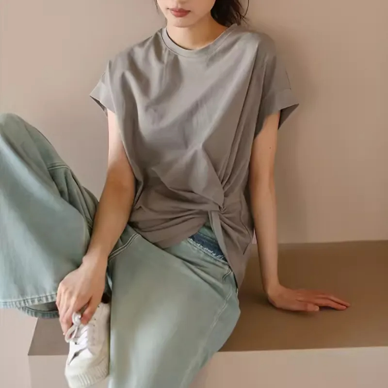 設計感不規則扭結寬鬆黑色小飛袖短袖T恤