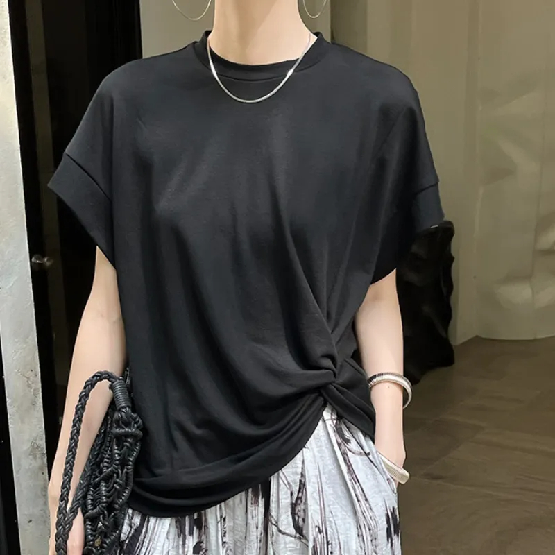 設計感不規則扭結寬鬆黑色小飛袖短袖T恤