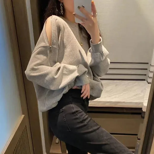 薄款寬鬆設計感拉鍊露肩長袖T恤
