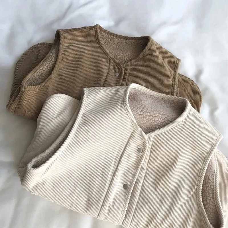 雙面羊羔毛休閒坎肩燈芯絨拼接學院風馬甲外套