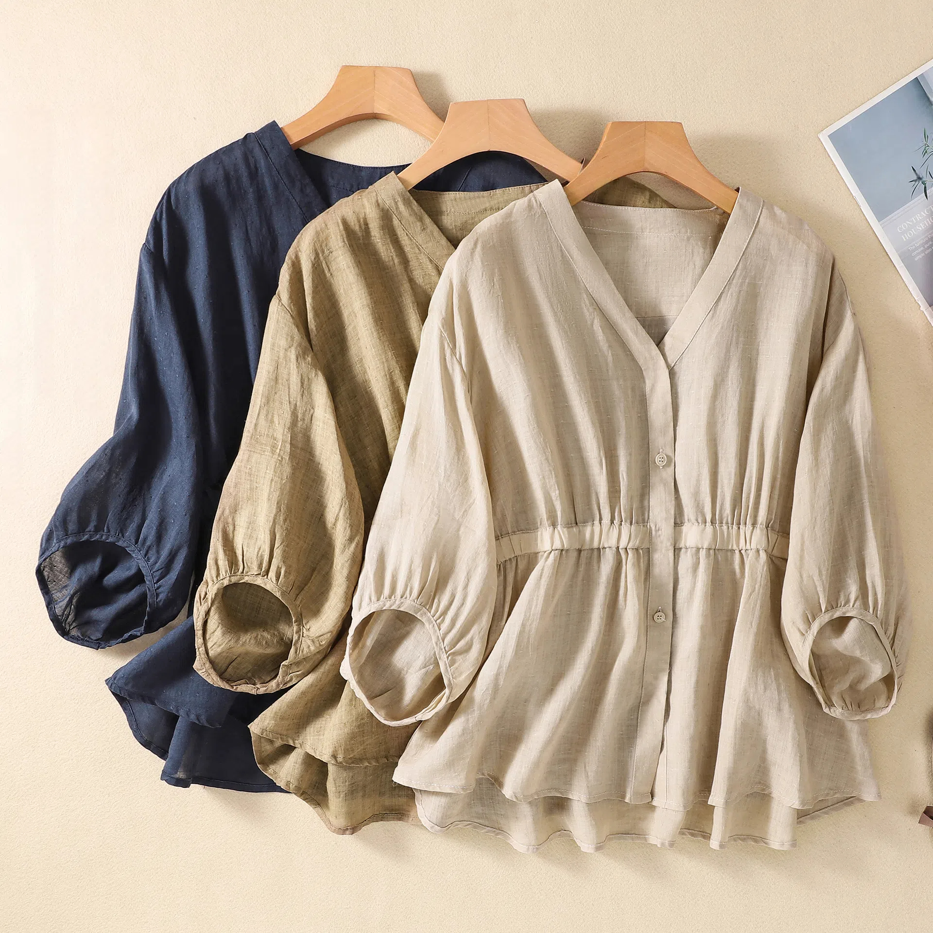 寬鬆顯瘦百搭棉麻V領收腰五分袖套頭襯衫