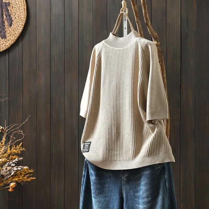 純色半高領五分袖寬鬆顯瘦字母貼標打底針織衫