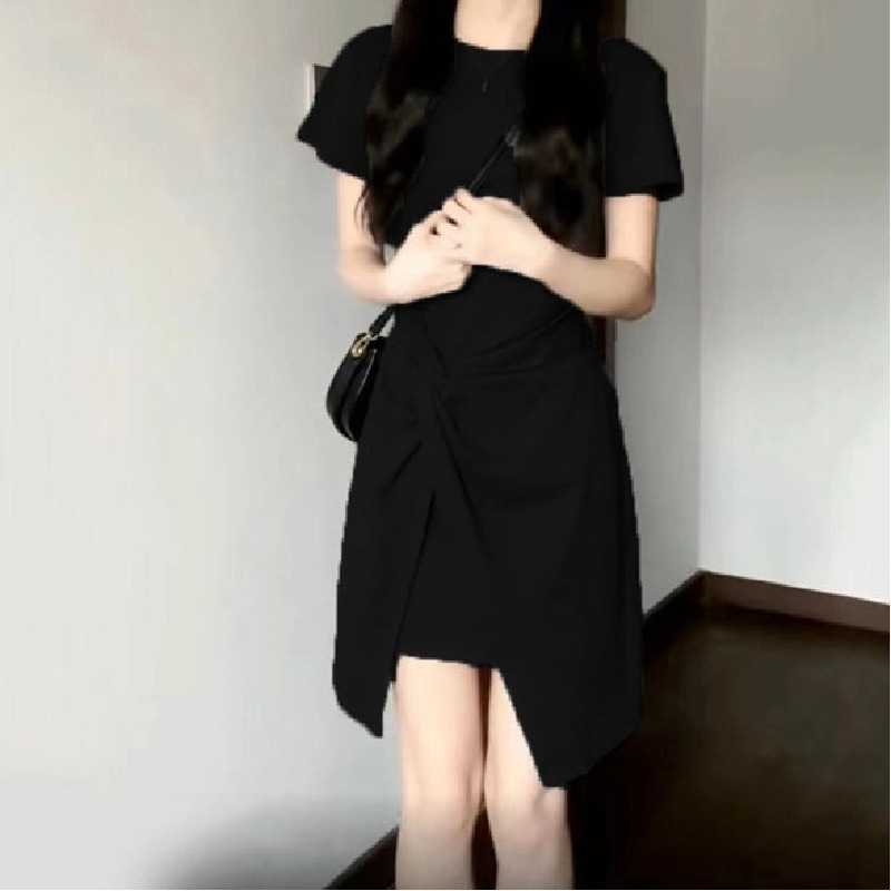 法式氣質收腰短袖連身裙小眾設計圓領短裙
