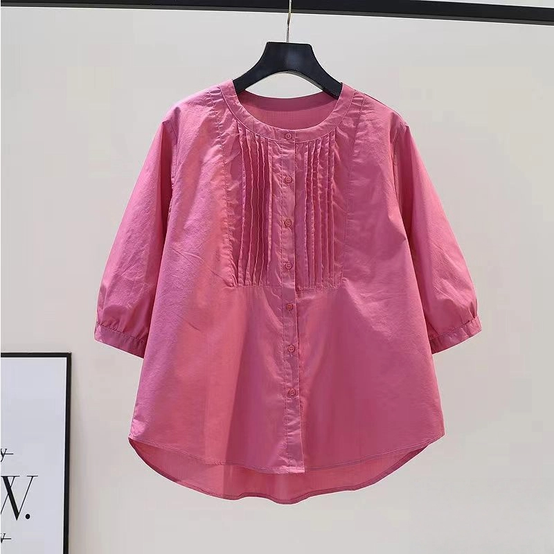 時尚設計感褶皺圓領七分袖休閒百搭襯衫