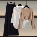 咖毛衣+白襯衫+黑色闊腿褲