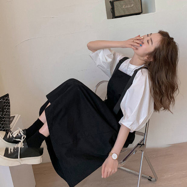 【整套/單件】背帶寬鬆韓版顯瘦長款收腰泡泡袖洋裝