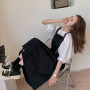 黑色背帶洋裝+白色花苞袖(兩件套