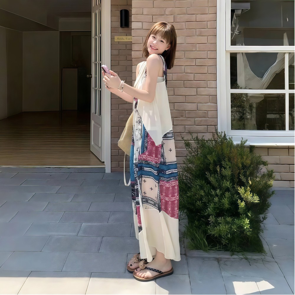 印花氣質V領無袖背心休閒闊腿背帶連體褲