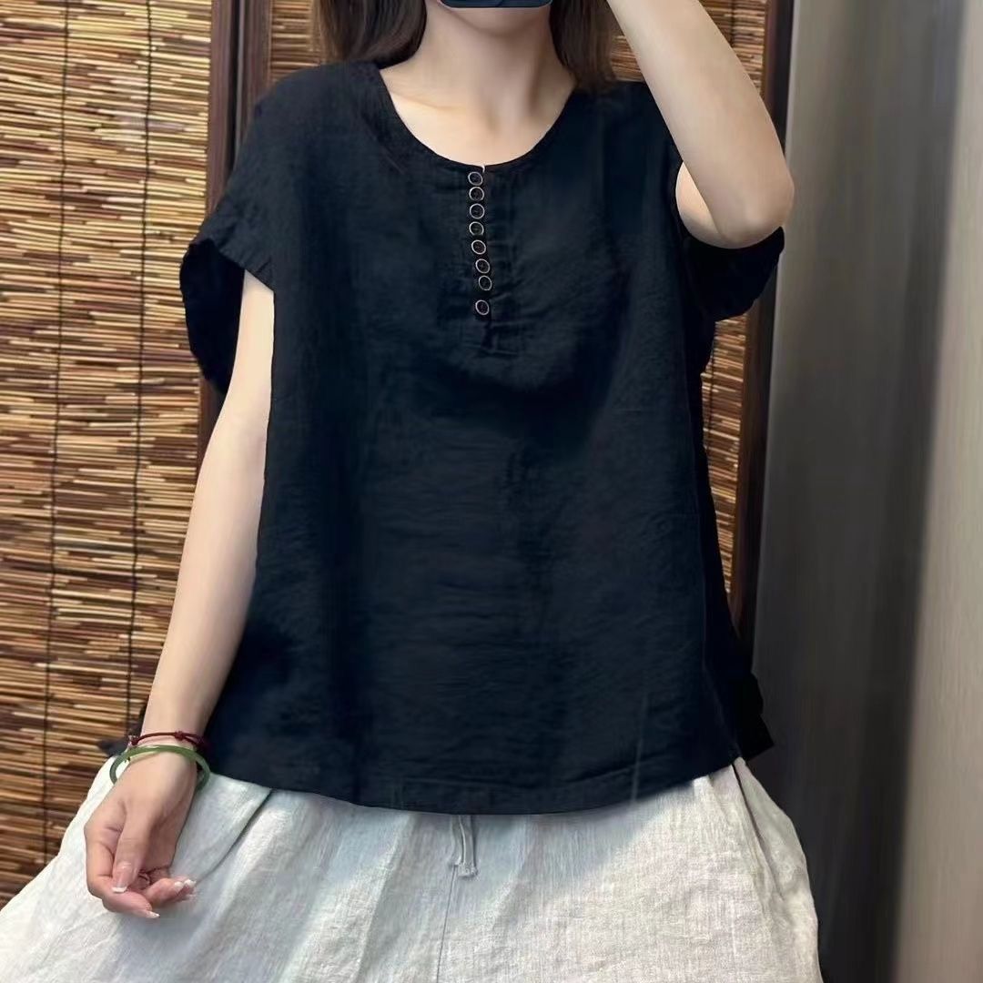 復古休閒簡約寬鬆純色棉麻圓領紐扣短袖T恤