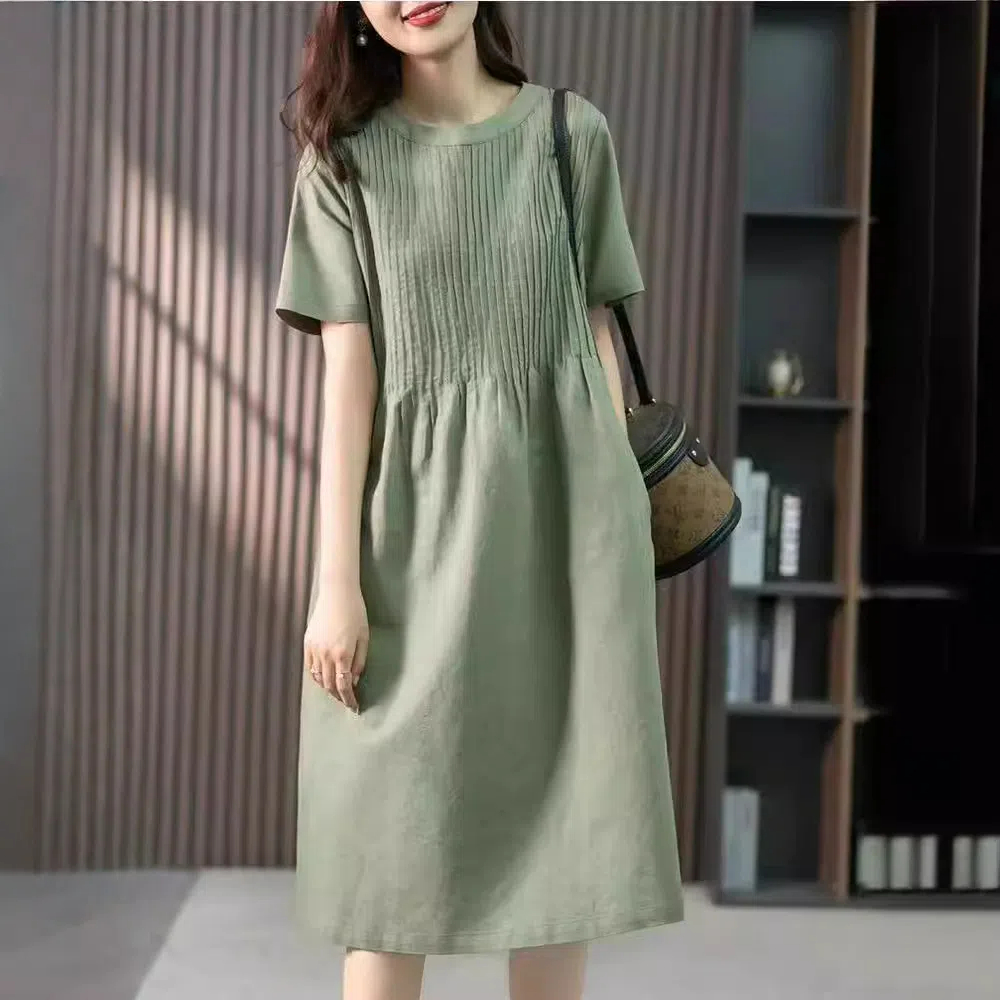 棉麻短袖寬鬆休閒遮肚A字洋裝