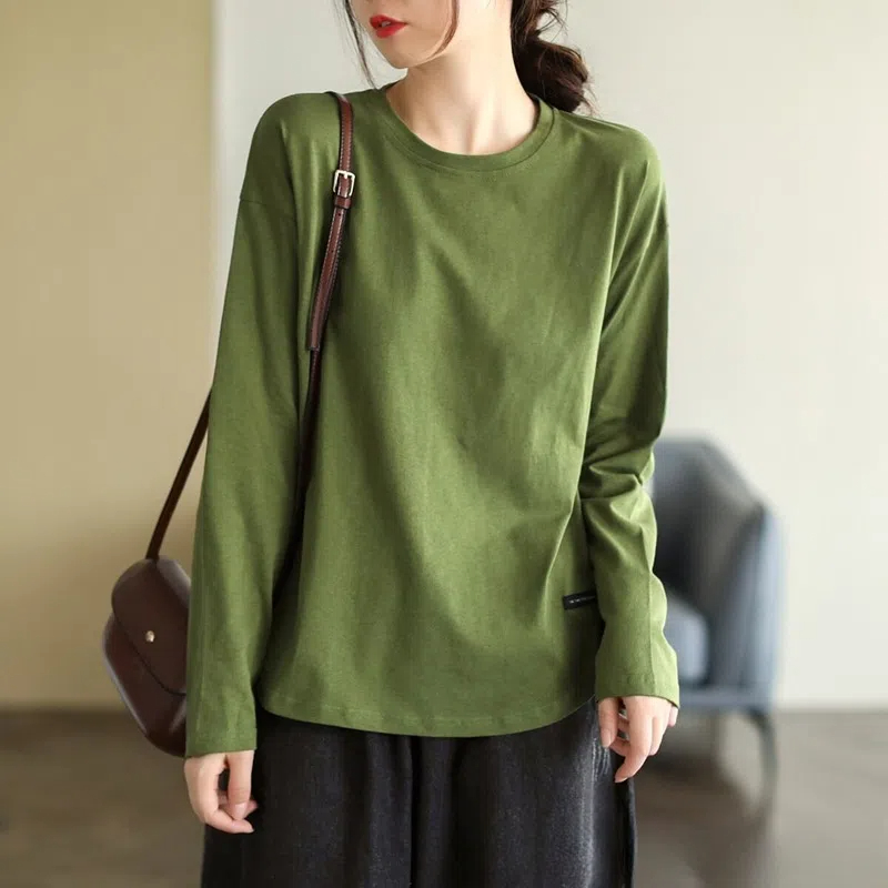 氣質簡約純色打底圓領百搭長袖T恤