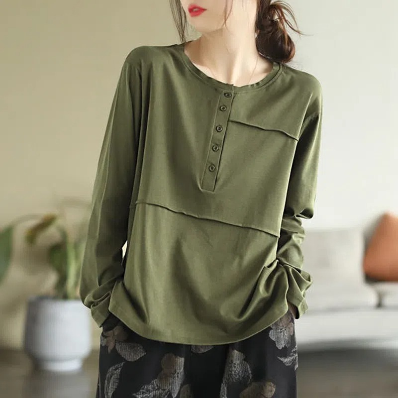 圓領簡約休閒顯瘦拼接紐扣打底長袖t恤