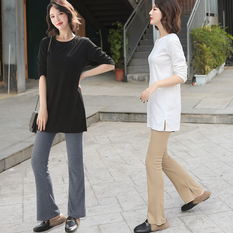 韓系微喇豎螺紋彈力女顯瘦打底褲喇叭褲