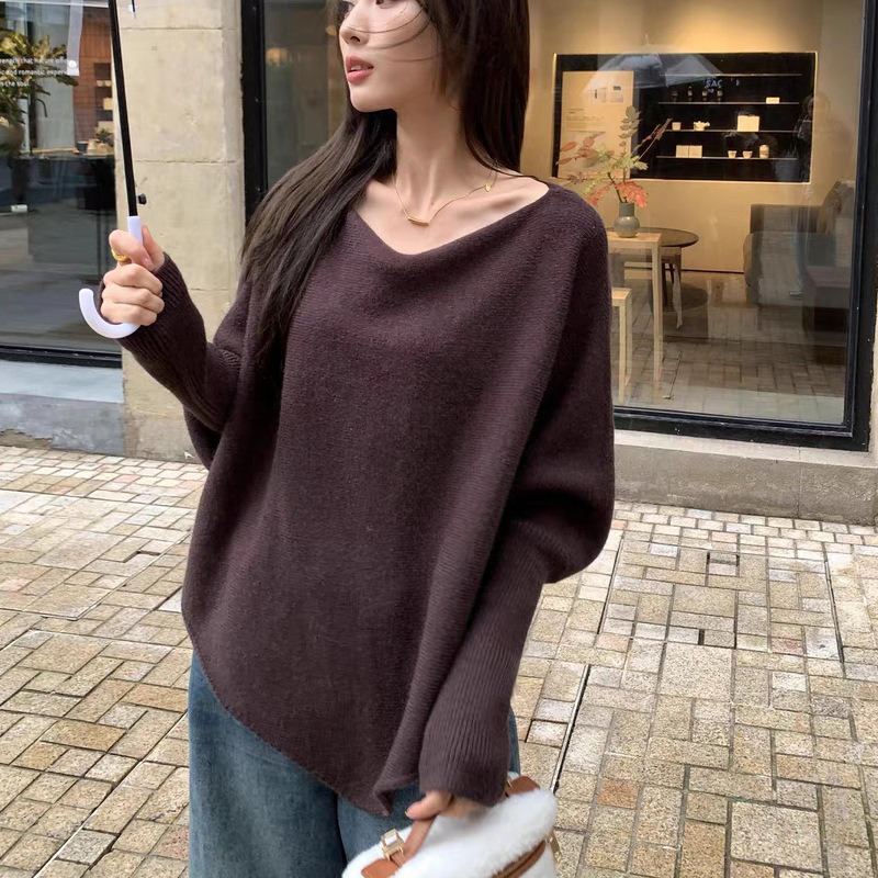慵懶風V領不規則設計感蝙蝠袖針織衫