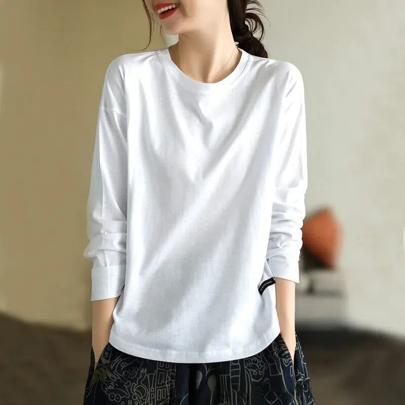 氣質簡約純色打底圓領百搭長袖T恤