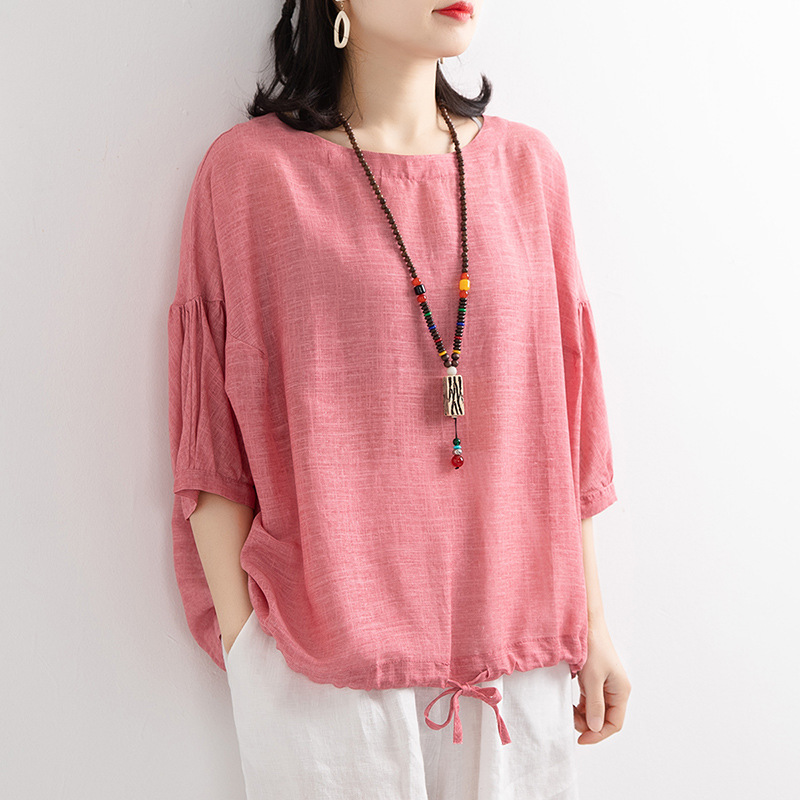 純色復古大碼寬鬆休閒仿棉麻短袖T恤